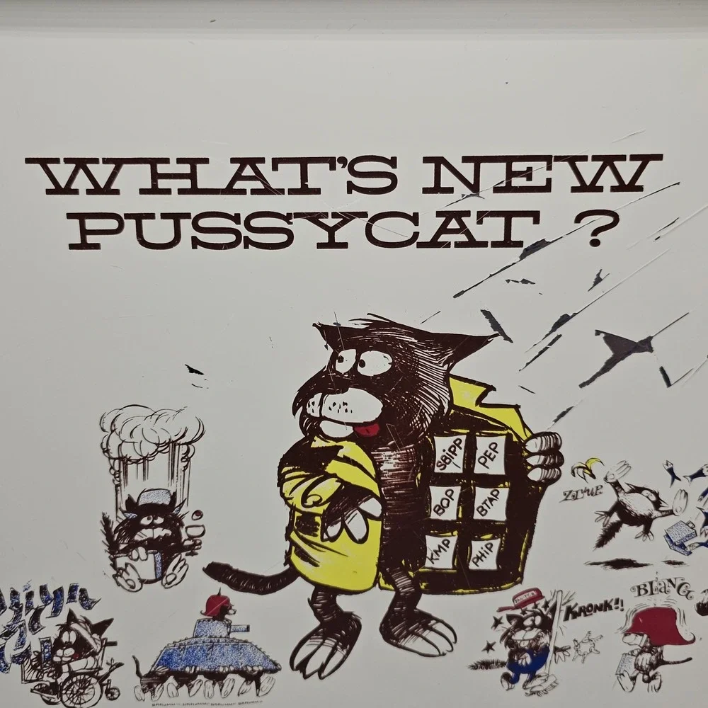 Mid Century What's New Pussycat? Aetna Enamel Tray Cottage Grandma Folkart 1966